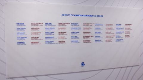Panel expuesto en la ciudad deportiva de Abegondo con la lista de canteranos que han debutado en el primer equipo del D&eacute;por