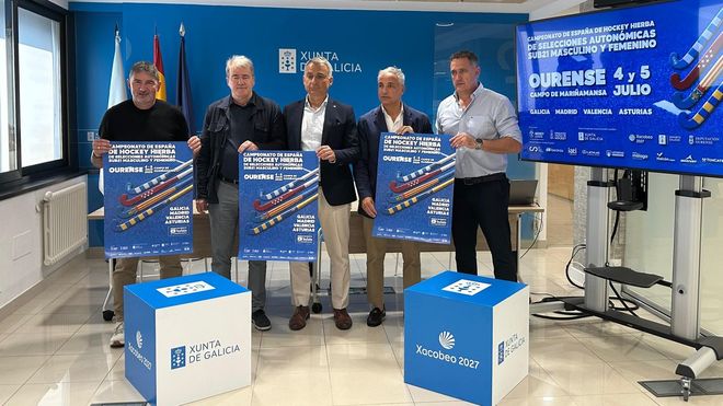 An�bal Pereira, concejal de Deportes del Concello de Ourense; Manuel Pardo, delegado territorial de la Xunta en Ourense; Roberto Baratta, presidente de la Federaci�n Galega de Hockey; Roberto Garc�a, secretario xeral para o Deporte de la Xunta; y Manuel P�rez, jefe del servizo de Deportes de la Xunta, en la presentaci�n del primer Campeonato de Espa�a de hockey hierba de selecciones auton�micas sub-21