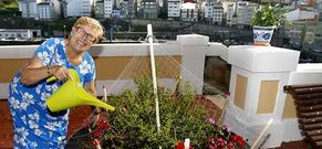 Amparo riega a diario los geranios colocados por el Concello delante de su casa.