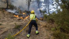 Un integrante del GES de Ponteceso trata de sofocar las llamas en un incendio forestal acaecido el pasado verano en Corme Aldea.