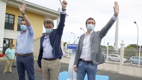 ALBERTO NU�EZ FEIJOO ACOMPA�ADO DEL PRESIDENTE DEL PP EN ANDALUCIA JUANMA MORENO Y EL PRESIDENTE NACIONAL PABLO CASADO