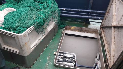 A la izquierda, la caja que tapaba la bodega oculta en el pesquero sorprendido en Burela con 273 cajas de caballa ilegal a bordo. Seg�n la Guardia Civil, esa bodega no aparece en los planos del barco