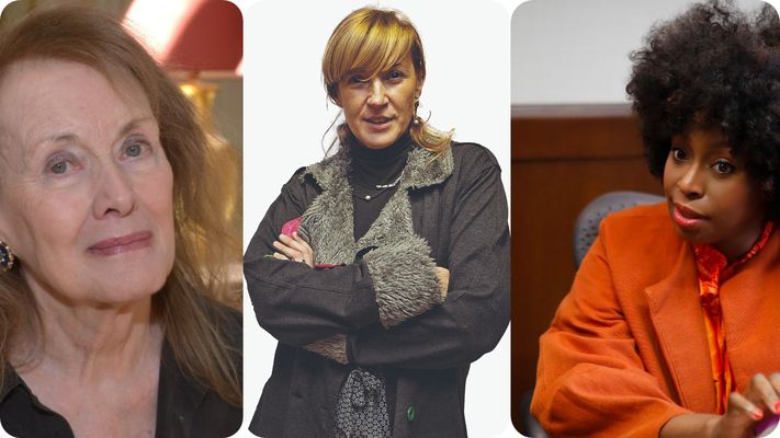 Bego�a Caama�o, distinguida co D�a das Letras Galegas 2026, nunha imaxe do 2009, entre d�as fotos da Nobel�Annie Ernaux e Chimamanda Adichie.