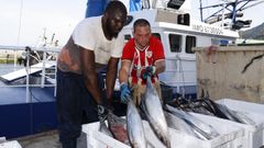 Dos de los marineros del Gure F�tima, descargando bonito este mi�rcoles en la lonja de Burela para la que fue la primera subasta de la costera de este a�o