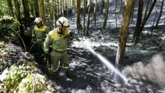 Bomberos refrescando el incendio de Cotobade