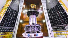 Interior del cohete PSLV C-62, lanzado desde la isla de Sriharikota.