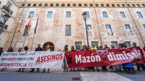 Varias asociaciones de vctimas de la dana, concentradas frente al acceso principal a las Cortes Valencianas.