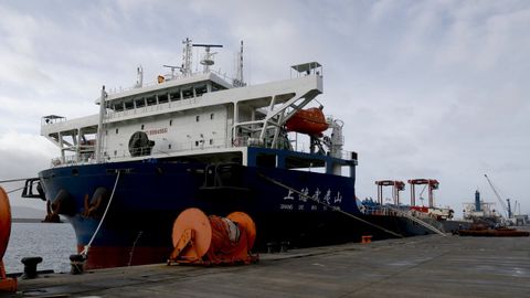 Momento, en enero del 2025, en el que empezaron a descargar en el puerto exterior las gr�as destrozadas por el temporal en el barco chino Shang de Wu Yi Shan