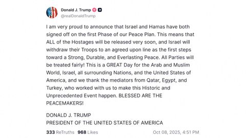 Mensaje de Trump en su red social Truth en la que da cuenta del acuerdo de paz