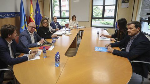 La consejera de Educaci�n del Principado, Lydia Espina (3i), durante la reuni�n que mantuvo este lunes con representantes del sindicato ANPE, con motivo de los paros que han convocado para reclamar que se mantenga la jornada reducida en los meses de junio y septiembre