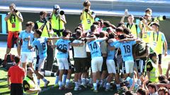 Los jugadores del Celta Fortuna celebran el gol del triunfo ante el Europa.