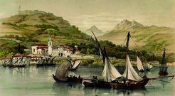 Litograf�a que muestra el aspecto de Vigo a comienzos del siglo XIX, con el convento bajo el Castro. 