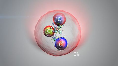 Impresi�n art�stica de la nueva part�cula, que contiene dos quark encanto y un quark abajo