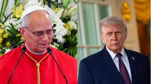 A la izquierda, el papa Le&oacute;n XIV en una audiencia con el presidente de Camer&uacute;n, Paul Biya, este mi&eacute;rcoles. A la derecha, el presidente de Estados Unidos, Donald Trump, atendiendo a la prensa a la salida del despacho Oval de la Casa Blanca.