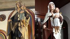 La imagen de la Virgen del Carmen a la izquierda, como estaba antes de ser retocada. A la derecha, la talla de Brocos tras la restauración