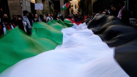 Participantes�en una manifestaci�n en apoyo de los palestinos, exigiendo un alto el fuego inmediato en Gaza, en Barcelona.