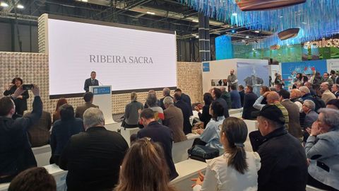 El presidente del consorcio turístico de la Ribeira Sacra interviene el acto de presentación celebrado en Fitur
