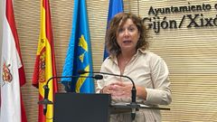 La concejala de Grupo Municipal Socialista de Gijón, Carmen Eva Pérez Ordieres, en rueda de prensa en el Ayuntamiento gijonés.
