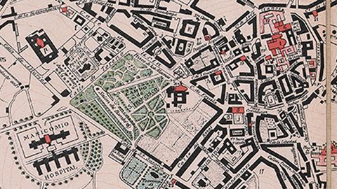 Un plano de Oviedo del ao 1894, que representa de forma muy esquemtica (en el centro de la imagen) el Botnico junto al convento franciscano, junto al Campo San Francisco