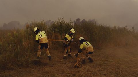 Bomberos forestales en el incendio de Oímbra.