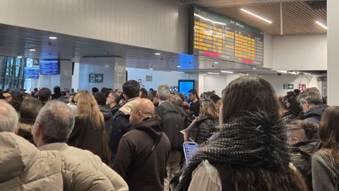 Pasajeros, concentrados en la estaci&oacute;n de Chamart&iacute;n, en Madrid, esta tarde.