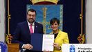 El presidente del Principado de Asturias, Adri�n Barb�n, y la ministra de Vivienda y Agenda Urbana, Isabel Rodr�guez, intervienen en la firma de un protocolo entre las dos administraciones para la cogesti�n de viviendas de la entidad estatal Casa 47 destinadas a alquiler asequible