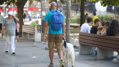 Un chico pasea con su perro atado por la plaza de Pontevedra de A Coru�a