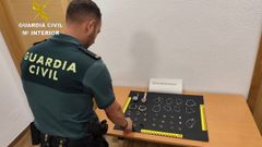 Parte de las joyas y relojes intervenidos por la Guardia Civil durante la detenci�n de la pareja, entre ellos anillos, pulseras, colgantes, broches y dos relojes de alta gama.