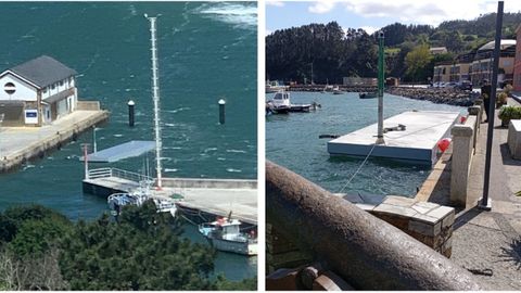 A la izquierda, el dique flotante, cuando ya se haba soltado, y a la derecha, amarrado en el interior del muelle