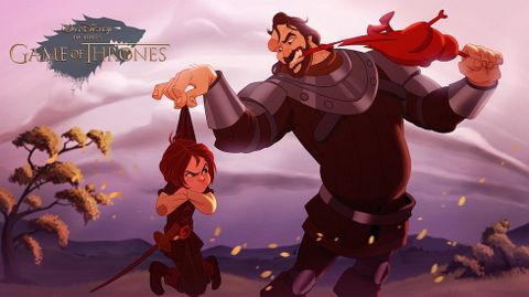 ARYA Y EL PERRO. Sandor Clegane come el pollo que le costó una pelea sangrienta, mientras intenta calmar a su compañera de andanzas, la malhumorada niña Stark.