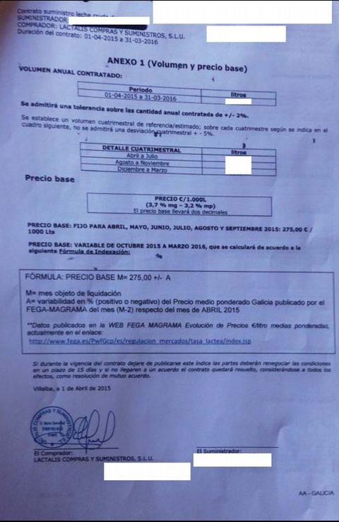 Una diferencia sin explicacin. En este documento se aprecia cmo Lactalis, una firma francesa, oferta a un ganadero gallego la leche para abril a 275 euros la tonelada. 
