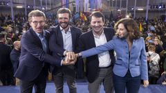 El presidente de la Xunta, Alberto Nez Feijoo; el presidente del PP, Pablo Casado; el candidato del PP a la presidencia de Castilla y Len, Alfonso Fernndez Maueco y la presidenta de la Comunidad de Madrid, Isabel Daz Ayuso, en una foto de la campaa de las elecciones en Castilla y Len.