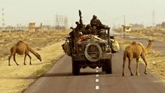 Un vehculo militar con marines estadounidenses avanza por una carretera de Umm-Qasr, en en el sur de Irak, en marzo del 2003