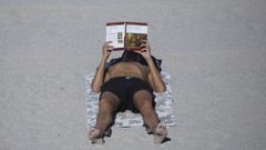 Un hombre lee un libro en la playa.