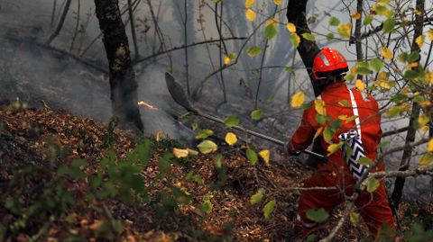 Un bombero participa en las labores de extincin del incendio declarado en Asturias. ARCHIVO