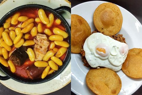 Fabada sin gluten y tortos con picadillo y huevos fritos