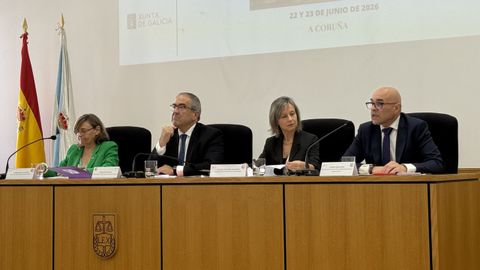 Esther Erice, vocal del Poder Judicial; Ignacio Picatoste, presidente del TSXG; Esther Rojo, presidenta del Observatorio del Poder Judicial contra la Violencia de G�nero, y Roberto Barba, director xeral de Loita contra a Violencia de X�nero de la Xunta, este lunes en A Coru�a.