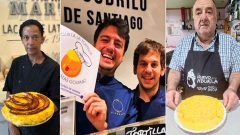 Belkys Snchez (izq.), del restaurante Marte, muestra la tortilla con queso de tetilla y pulpo a la plancha que presentarn en Xantar. Jos Antonio Ferreiro y Diego Negueruela (centro), del Vilar 64, disputarn la final en la categora de tortillas tradicionales, al igual que Roberto Varela (der.), de O Mesn de Roberto.