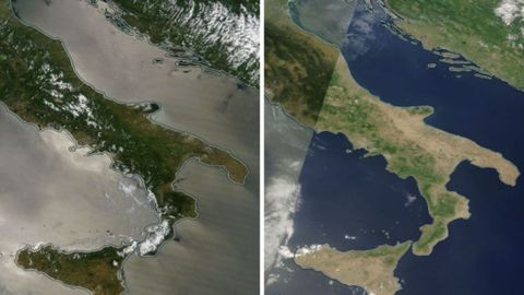 Evoluci�n crom�tica de la pen�nsula it�lica vista desde el espacio. A la izquierda (20 de mayo de 2026), el mapa muestra una cobertura vegetal predominantemente verde en las regiones del centro y del sur. A la derecha (15 de julio), tras encadenarse sucesivos episodios de calor extremo, la imagen a color real refleja un paisaje visiblemente seco y agostado.
