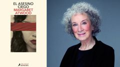Retrato de Margaret Atwood tomado por Jean Malek, junto a la portada de �El asesino ciego�.