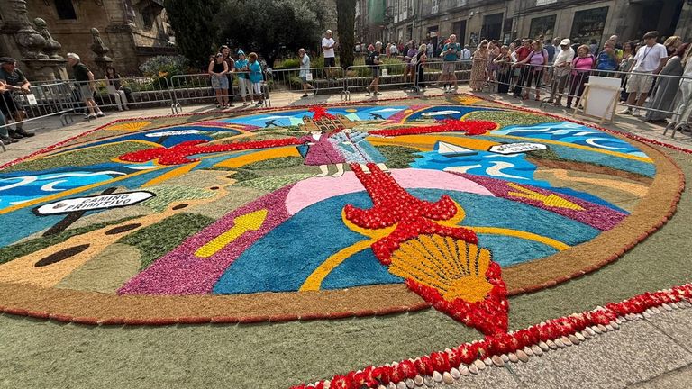 O burelense Mart�n Lestao dese�ou e coordinou a elaboraci�n dun espectacular tapiz de 10 metros por 7 na Praza da Inmaculada (Acibecher�a) de Santiago de Compostela
