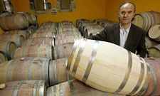 Fernando Gonz�lez con las barricas de roble que utiliza en su bodega.