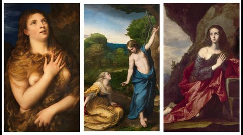 Detalle de una de las primeras versiones de Tiziano de la �Magdalena penitente� (circa 1530), un �leo que se conserva en el florentino palacio Pitti. �Noli me tangere� (c. 1525), de Correggio, y �Magdalena penitente� (1641), de Jos� de Ribera, ambas obras forman parte de la colecci�n del museo del Prado