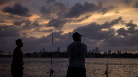 Varios ciudadanos de Miami observan la silueta de la ciudad de Miami.