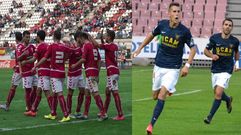 Jugadores de Real Murcia y UCAM en la celebraci�n de un gol