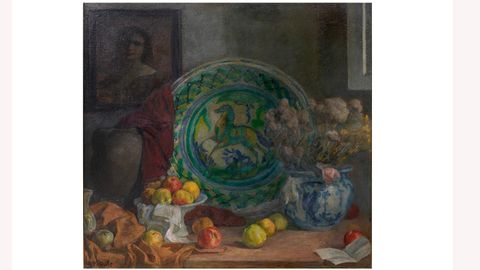 �Bodeg�n con cer�micas, frutas y cuadro al fondo� de Nicanor Pi�ole 