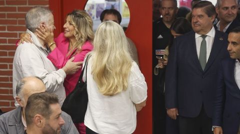 Yolanda D�az saludando a Emilio Pant�n, hist�rico de Comisiones Obreras, a su llegada al edificio de los sindicatos, ante la mirada de Julio Abalde y Rey Varela.