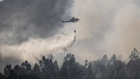 Uno de los helic�pteros que particip� en la extinci�n del incendio declarado en Herb�n