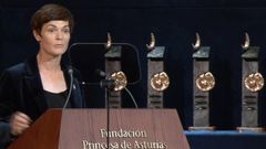 La galardonada con el Premio Princesa de Asturias de Cooperaci�n Internacional, Ellen MacArthur, durante su discurso en la ceremonia de entrega de los Premios Princesa de Asturias 2022.