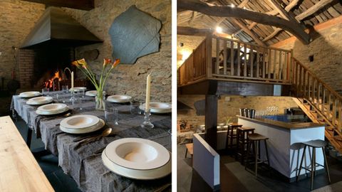 La mesa puesta para un evento y otra vista del espacio com�n habilitado en su d�a en la antigua palleira